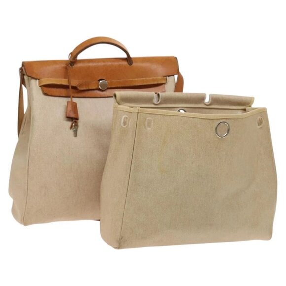 HERMES Herbag Cabas MM Hand Bag Canvas Leather Beige Brown Silver Auth - Picture 1 of 16